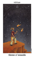 Tarot card titled 'Three of Wands' with a person juggling three flaming torches on a dark background.