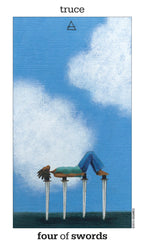 Card from a tarot deck titled 'four of swords' with a blue sky and clouds in the background.