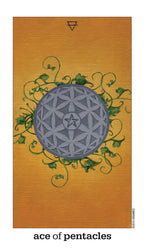 Ace of Pentacles tarot card with floral design and yellow background