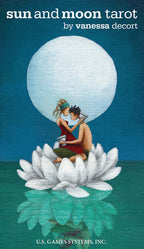 Book cover of 'Sun and Moon Tarot' by Vanessa Decort with a stylized illustration of two people on a white flower under a large moon.