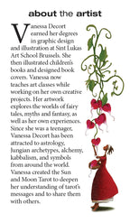 Text about an artist with a stylized illustration of a woman in a red dress holding flowers.