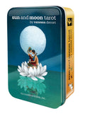 Sun and Moon Tarot packaging with a woman sitting on a flower and moon illustration.