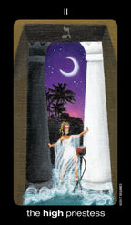 Tarot card featuring a woman in classical attire standing between two columns with a night sky and crescent moon in the background.