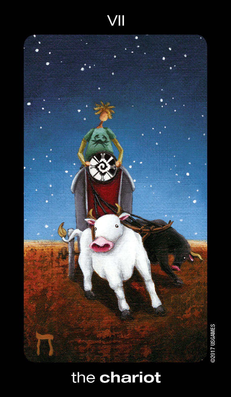 Tarot card titled 'The Chariot' with a person, sheep, and dog on a chariot against a starry night sky.