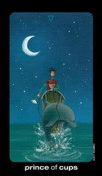 Card featuring a person riding a dolphin under a night sky with a crescent moon.