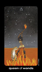 Tarot card featuring a woman with a flaming staff and a leopard on a starry night background, labeled 'Queen of Wands'.