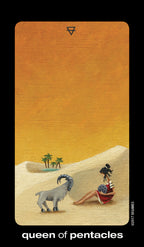 Tarot card titled 'Queen of Pentacles' with a desert scene and symbols.