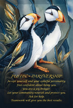 Two puffins standing close to each other with a quote about penguin partnership.