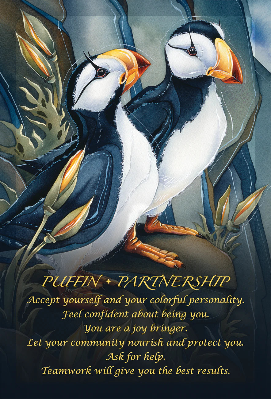 Two puffins standing close to each other with a quote about penguin partnership.