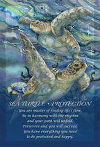 Artistic depiction of sea turtles with a protective message underwater.