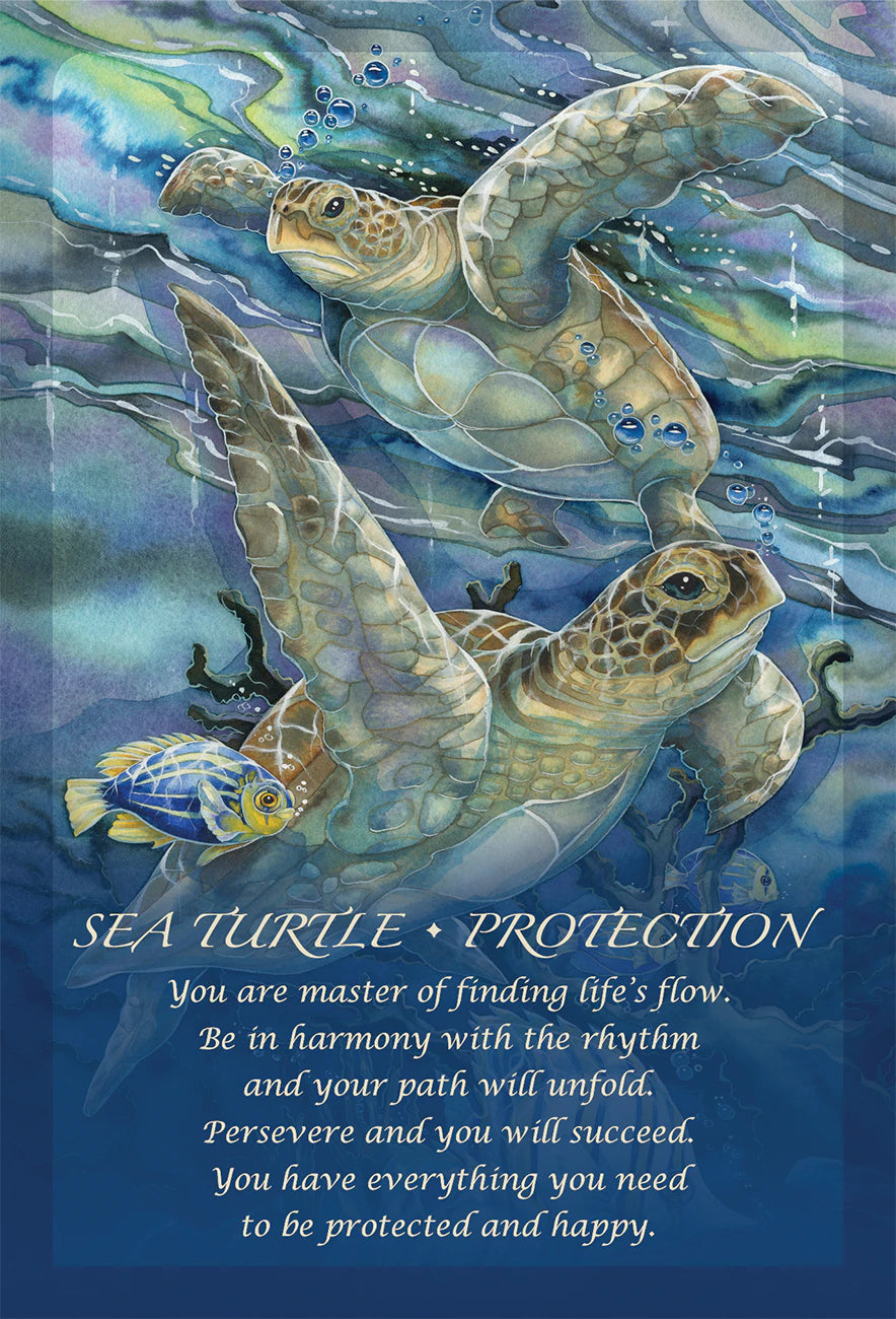 Artistic depiction of sea turtles with a protective message underwater.