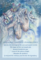 Unicorn with butterfly wings and text on a blue background