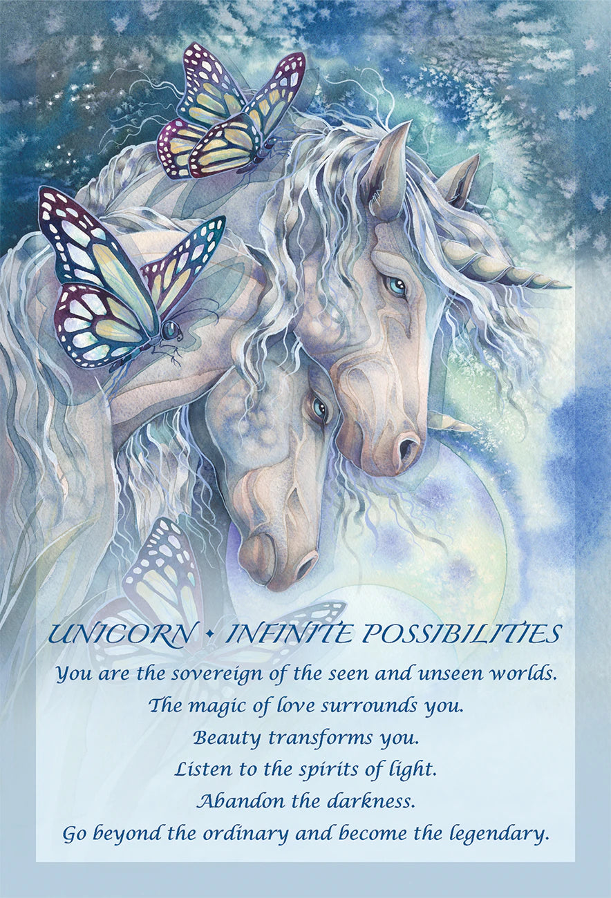 Unicorn with butterfly wings and text on a blue background