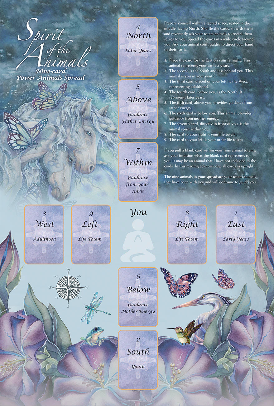 Spirit of the Animals card set with illustrations and text on a blue background