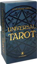 Blue box of Universal Tarot with gold text on a white background