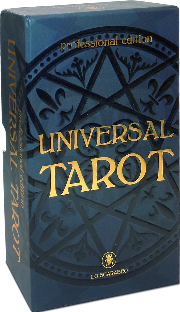 Blue box of Universal Tarot with gold text on a white background