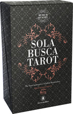 Sola Busca Tarot box with decorative text and patterns on a black background