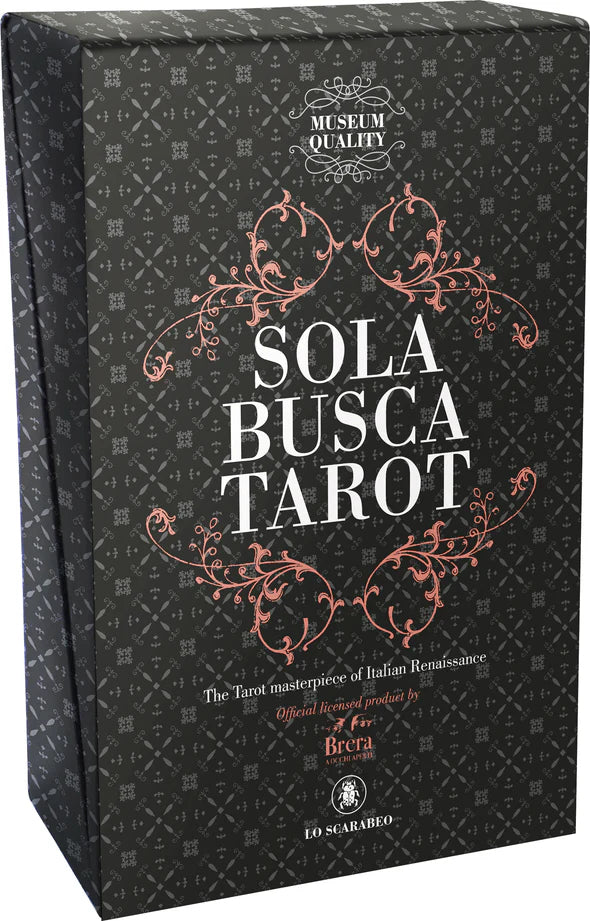 Sola Busca Tarot box with decorative text and patterns on a black background