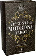 Visconti di Modrone Tarot box with decorative text and gold accents on a black background