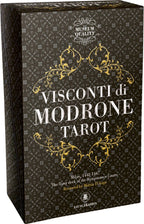 Visconti di Modrone Tarot box with decorative text and gold accents on a black background