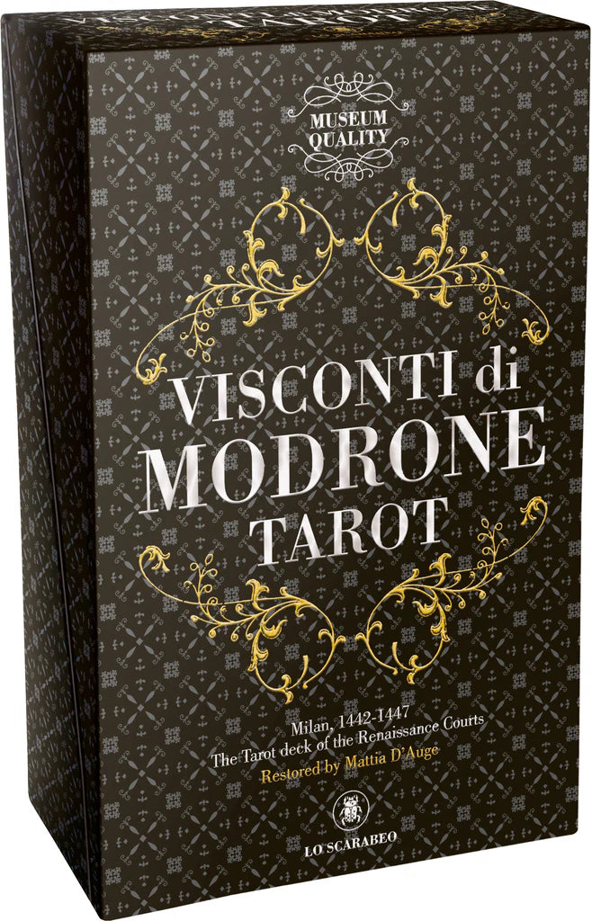 Visconti di Modrone Tarot box with decorative text and gold accents on a black background