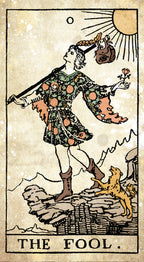 The Fool Card 0 - features a jolly figure carrying a stick with a bag on it, followed by a dog as if on a journey