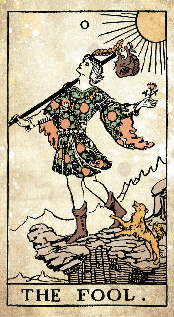 The Fool Card 0 - features a jolly figure carrying a stick with a bag on it, followed by a dog as if on a journey