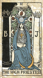 Tarot card featuring 'The High Priestess' with a central figure in blue robes and a headdress.