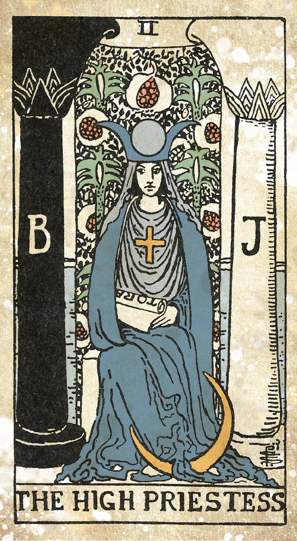 Tarot card featuring 'The High Priestess' with a central figure in blue robes and a headdress.