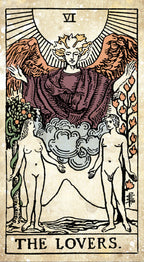Tarot card titled 'The Lovers' with a central figure and two others, set against a detailed background.