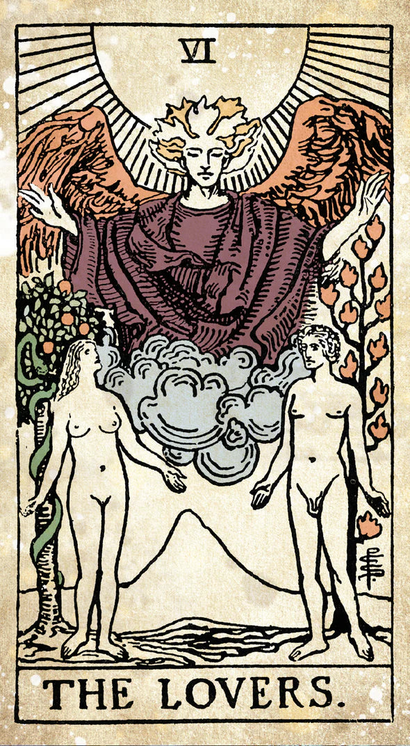 Tarot card titled 'The Lovers' with a central figure and two others, set against a detailed background.