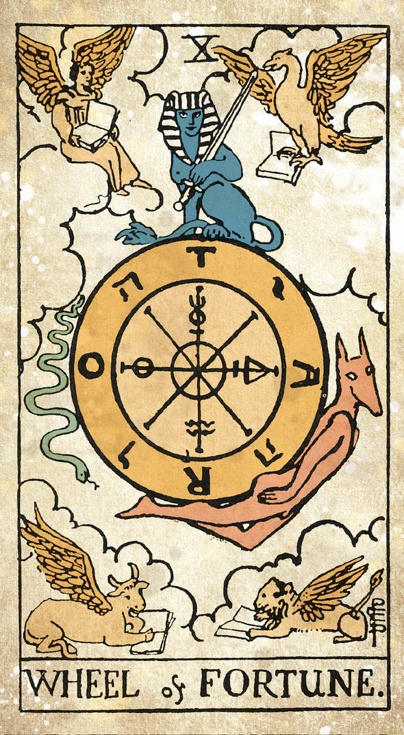 Tarot card featuring the 'Wheel of Fortune' with symbolic creatures and text.