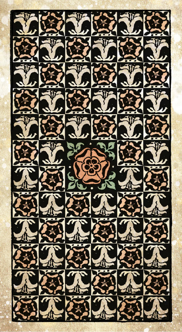 Decorative back side  of the Tarot Vintage cards. Features a central rose design surrounded by a geometric pattern on a beige background.