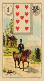Vintage card with a man on a horse, hearts, and a house in the background