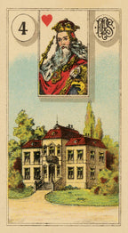 Playing card with a king illustration and a house in the background