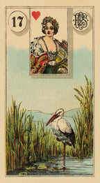 Vintage-style card with a stork and decorative elements on a natural background
