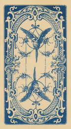 Decorative card with blue birds and intricate patterns on a beige background
