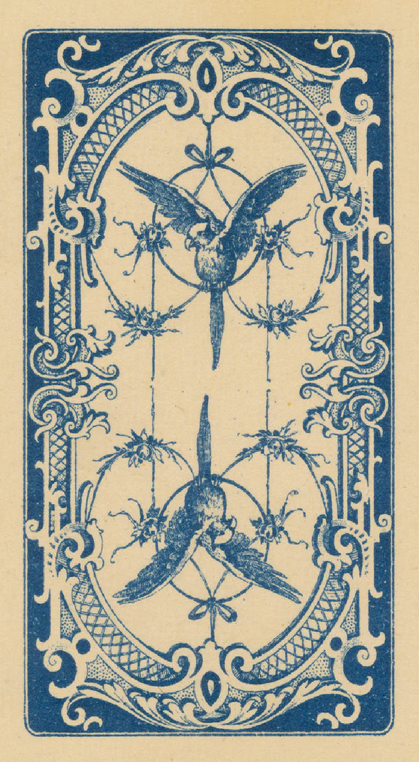 Decorative card with blue birds and intricate patterns on a beige background