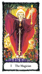 Tarot card featuring 'The Magician' with a colorful illustration of a figure in red robes holding a sword.