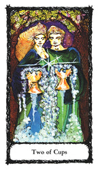 Two people holding hands with a star between them, surrounded by nature elements on a tarot card.