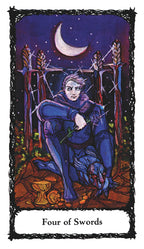 Tarot card featuring a figure holding a sword with a mystical background