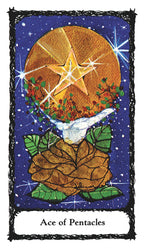 Ace of Pentacles tarot card with a star, moon, and pentacle design on a blue background.