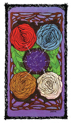 Colorful floral design with red, blue, brown, and white flowers on a purple background.