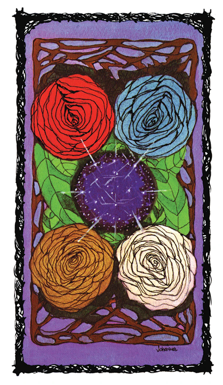 Colorful floral design with red, blue, brown, and white flowers on a purple background.