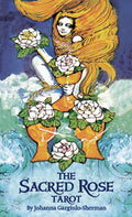Book cover of 'The Sacred Rose Tarot' with a stylized illustration of a woman with flowers and text.