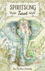 Cover of 'Spiritsong Tarot' with an intricately designed elephant on a decorative background.
