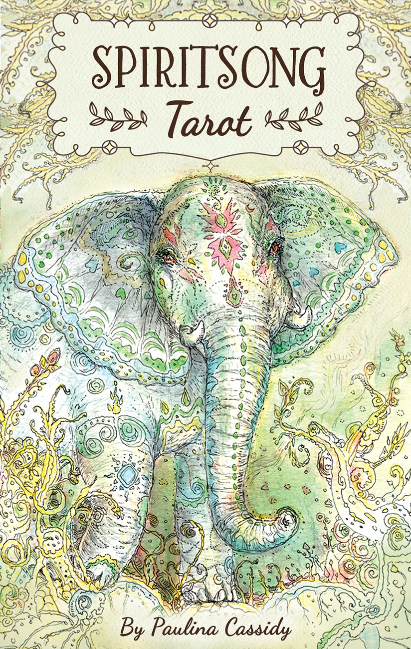 Cover of 'Spiritsong Tarot' with an intricately designed elephant on a decorative background.