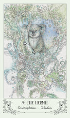 Illustration of a koala in a forest with decorative elements and text '9. The Hermit' at the bottom.