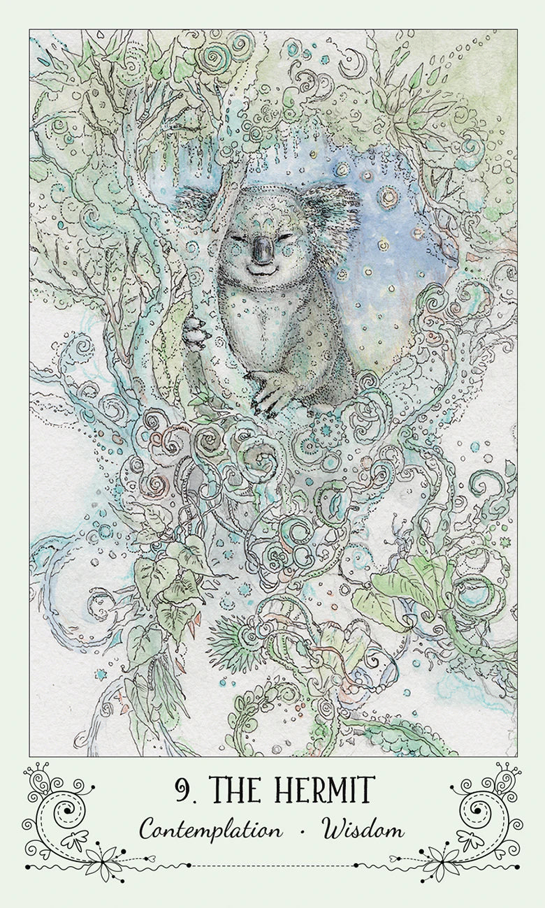 Illustration of a koala in a forest with decorative elements and text '9. The Hermit' at the bottom.