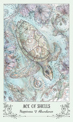 Colorful illustration of a turtle with shell patterns on a light blue background, titled 'Ace of Shells'.